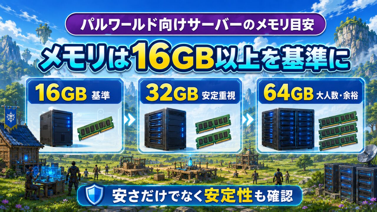 パルワールド向けサーバーの16GB 32GB 64GBのメモリ目安