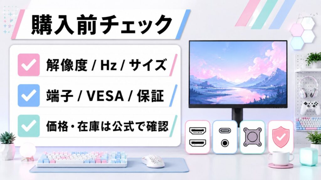 Pixioモニター購入前チェック。解像度、Hz、サイズ、端子、VESA、保証、価格と在庫を確認する図解