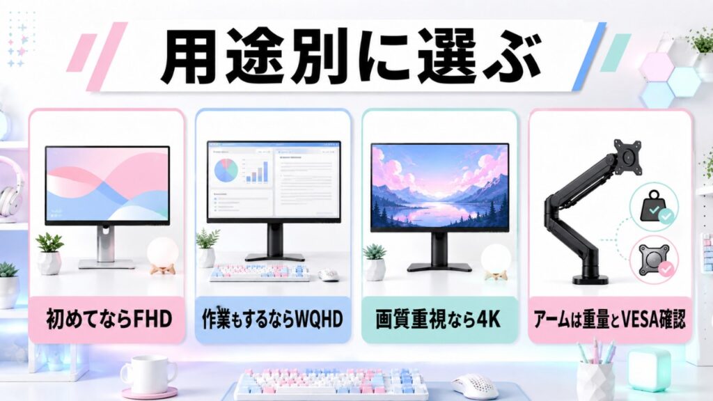 Pixioモニターを用途別に選ぶ図解。初めてならFHD、作業もするならWQHD、画質重視なら4K、アームは重量とVESA確認