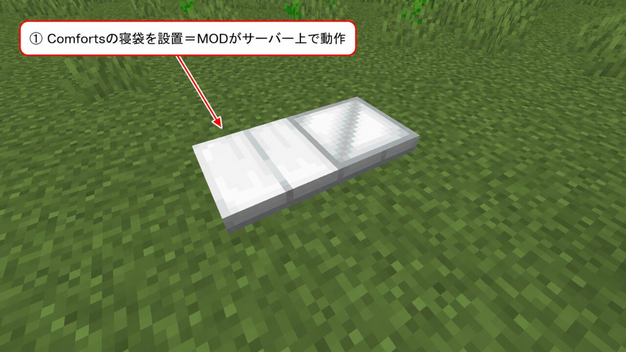 Comfortsの白色の寝袋をサーバーのワールドの地面に設置した画面。MODがサーバー上で動作している