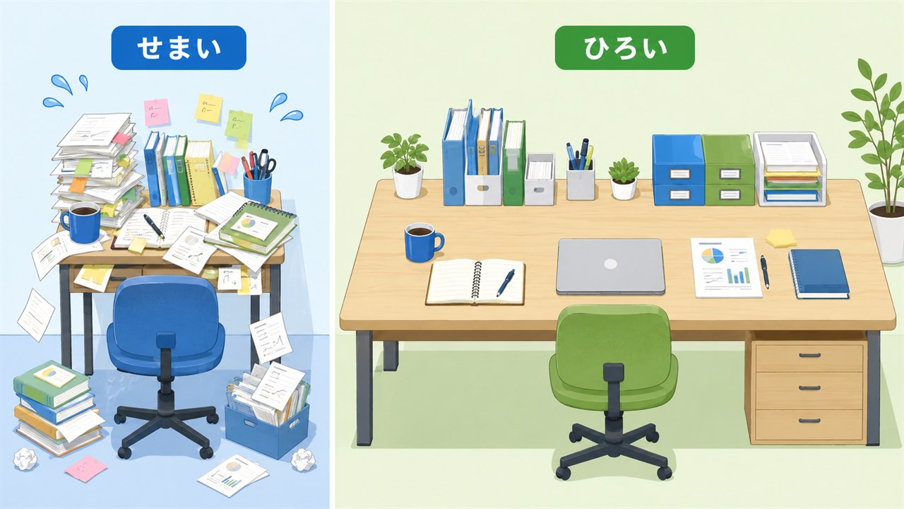 サーバーのメモリを作業机にたとえた図。狭い机（メモリ不足）と広い机（メモリに余裕）の比較