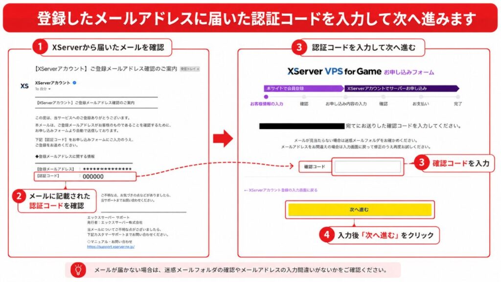 登録メールに届いた認証コードを申し込みフォームに入力する画面