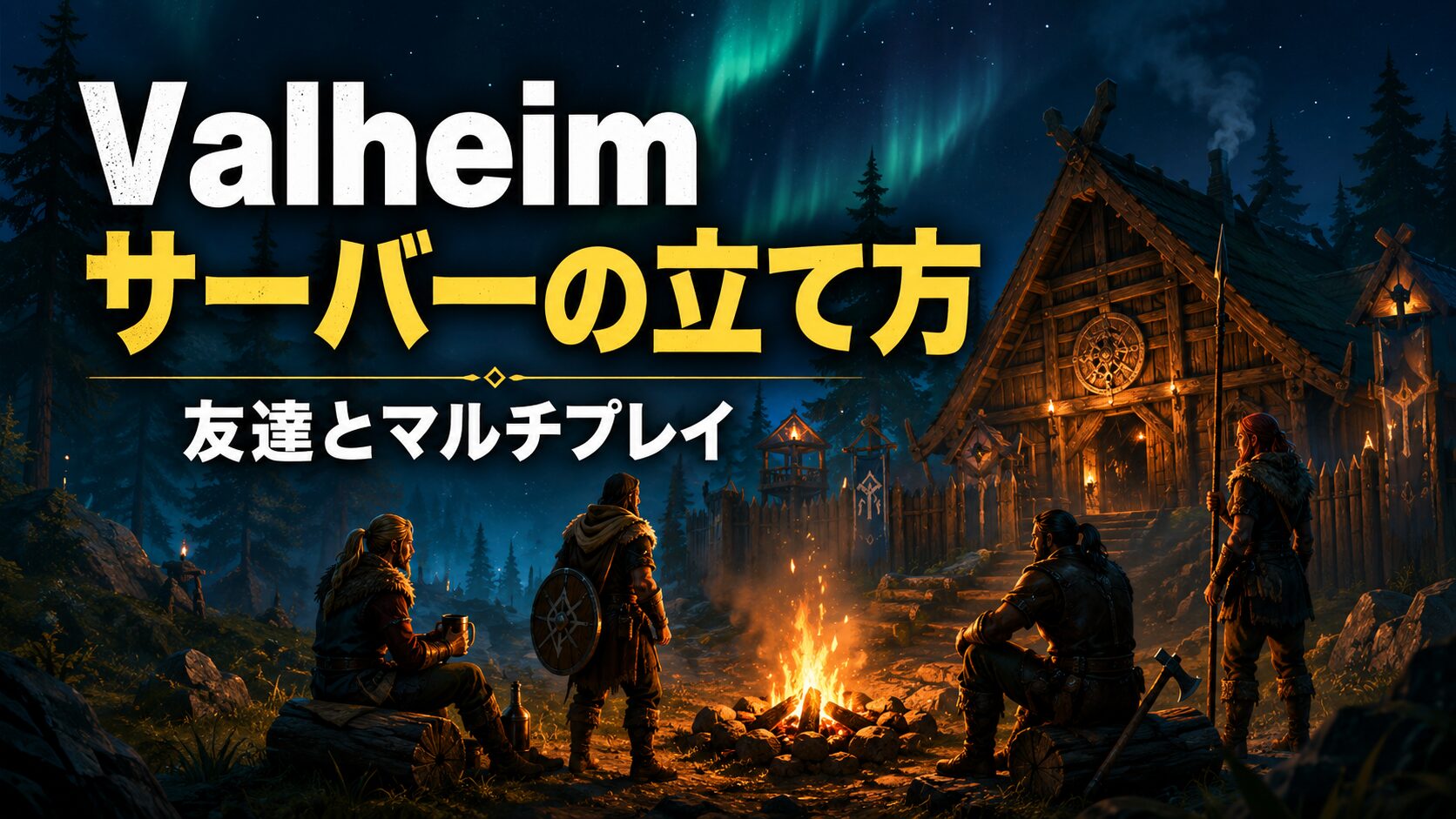 「Valheimサーバーの立て方｜友達とマルチプレイ」と書かれたアイキャッチ。北欧・ヴァイキング風の世界と、サーバーをイメージしたイラスト