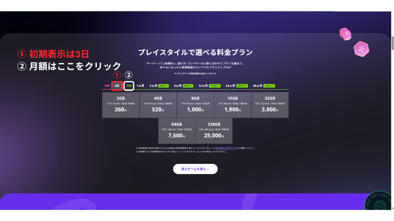 LOLIPOP! for Gamersの料金表。初期表示は「短期 3日」のタブが選ばれている