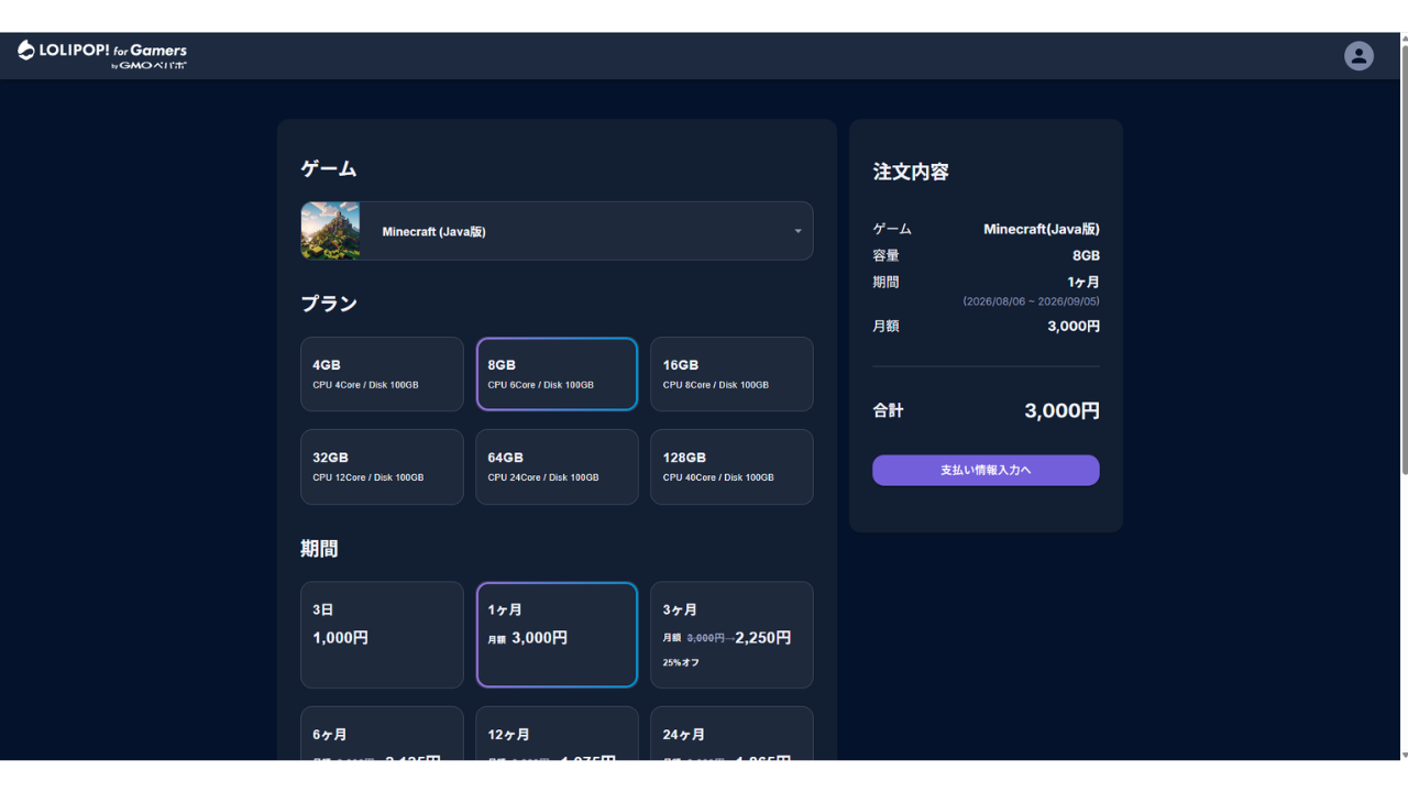 申し込み画面。ゲーム・契約期間・プランを選ぶ