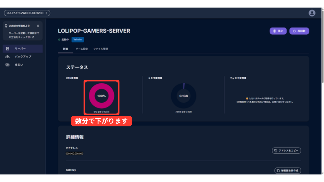 起動直後の管理画面。CPU使用率が100%でピンクの円グラフになっている