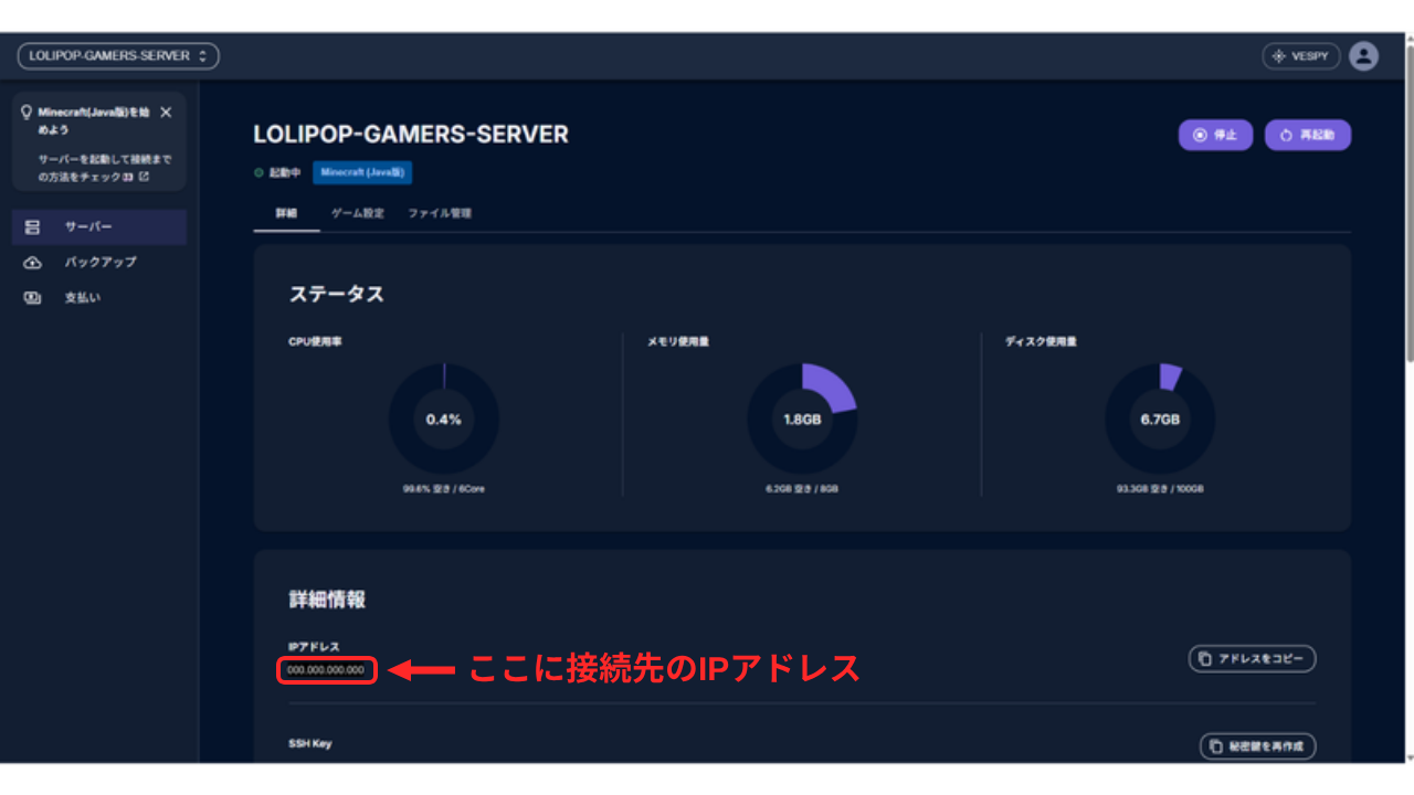 詳細タブ。使用状況の円グラフとIPアドレス