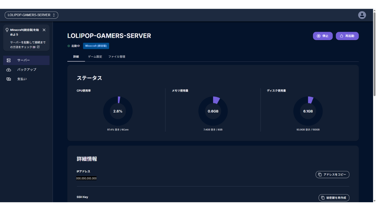 CPU・メモリ・ディスクの円グラフが表示された画面。サーバーが動いている状態