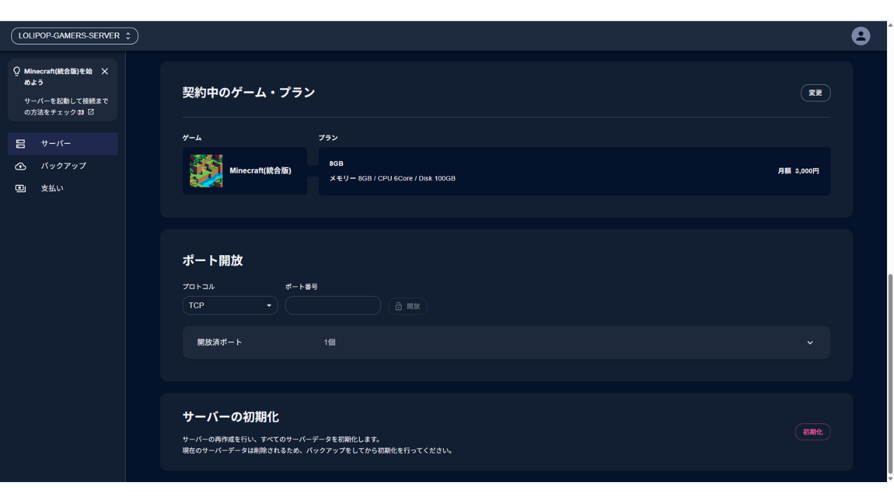 詳細タブの表示。開放済ポートが1つある