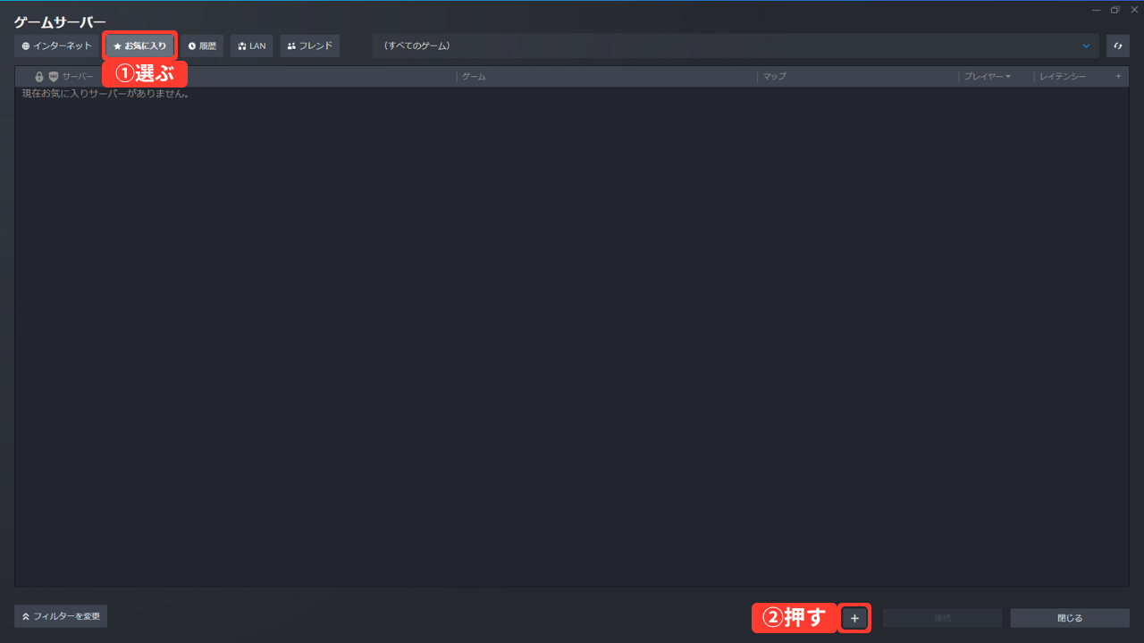 Steamの「ゲームサーバー」の画面。［お気に入り］を選ぶと、最初は空になっている。［お気に入り］と右下の［+］を赤い枠で囲んでいる