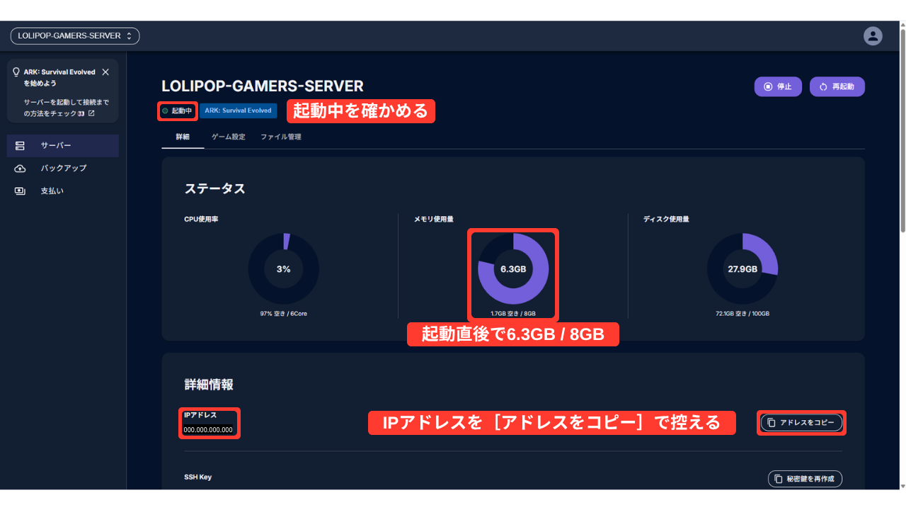 管理画面の［詳細］タブ。状態は「起動中」（赤い枠「起動中を確かめる」）で、メモリ使用量は8GBのうち6.3GB（赤い枠「起動直後で6.3GB / 8GB」）、ディスク使用量は100GBのうち27.9GB。下にIPアドレスと［アドレスをコピー］（赤い枠「IPアドレスを［アドレスをコピー］で控える」・IPアドレスは伏せ字）