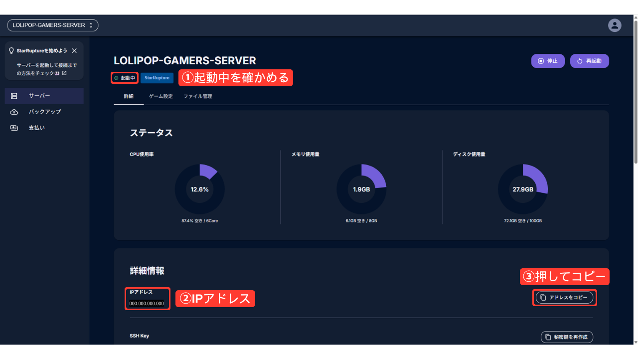 管理画面の詳細。状態が「起動中」で、詳細情報のIPアドレスと［アドレスをコピー］を赤い枠で囲んでいる（IPアドレスは伏せ字）
