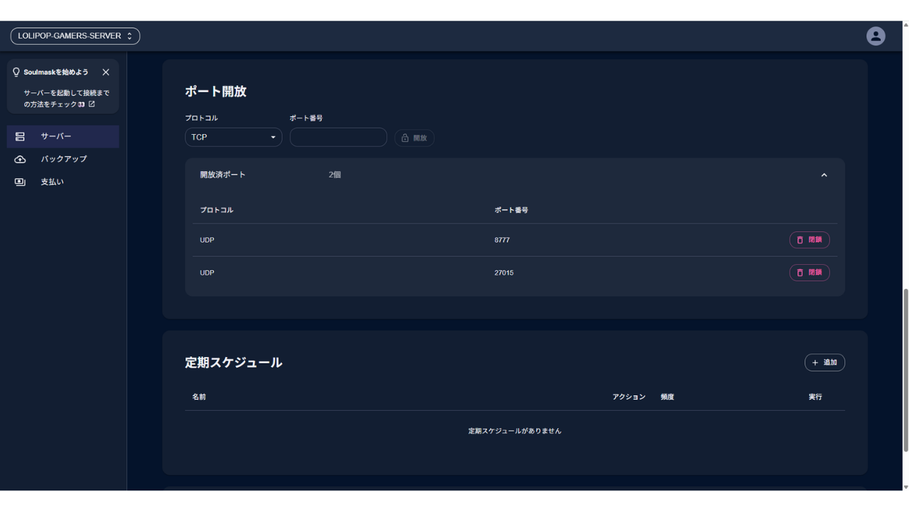 管理画面の「ポート開放」。開放済ポートは2個で、UDPの8777と27015が並んでいる。下に「定期スケジュール」の欄