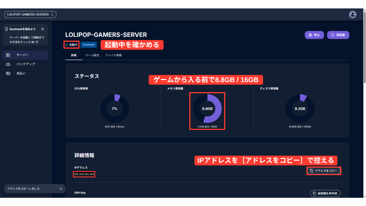 管理画面の［詳細］タブ。状態は「起動中」（赤い枠「起動中を確かめる」）で、メモリ使用量は16GBのうち8.8GB（赤い枠「ゲームから入る前で8.8GB / 16GB」）、ディスク使用量は100GBのうち8.2GB。下にIPアドレスと［アドレスをコピー］（赤い枠「IPアドレスを［アドレスをコピー］で控える」・IPアドレスは伏せ字）