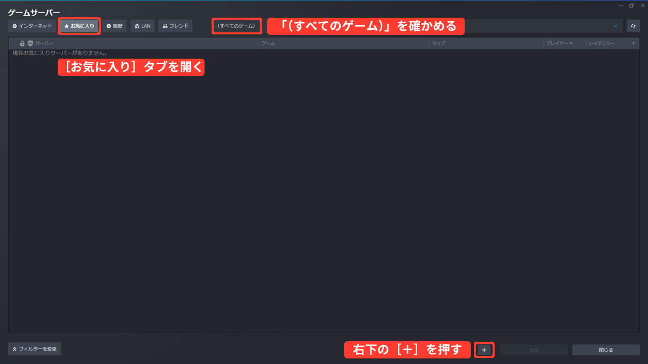 Steamの「ゲームサーバー」の画面。［お気に入り］タブ（赤い枠「［お気に入り］タブを開く」）を開くと「現在お気に入りサーバーがありません」と出ている。上の段の絞り込みは「（すべてのゲーム）」（赤い枠「「（すべてのゲーム）」を確かめる」）で、右下に［＋］（赤い枠「右下の［＋］を押す」）