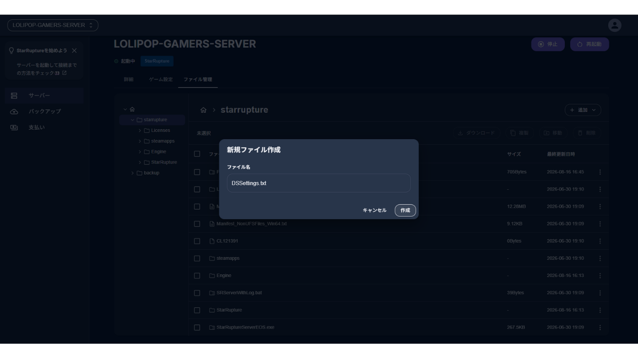 ［新規ファイル］の画面。ファイル名に「DSSettings.txt」と入れ、［作成］を押すところ